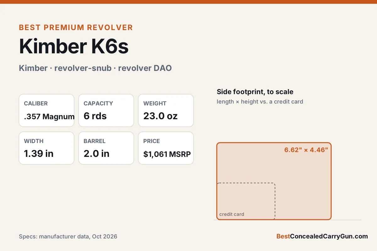 Kimber K6s specifications and size compared with a credit card