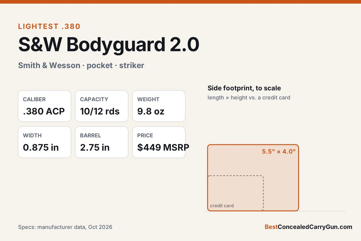 S&W Bodyguard 2.0 specifications and size compared with a credit card